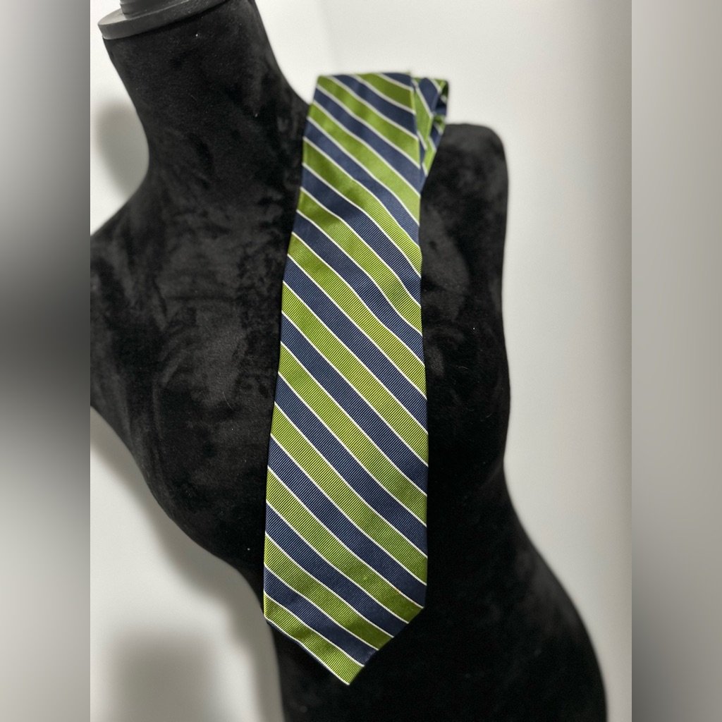 Rooster Mens Silk Tie Navy  Green Diagonal Stripe